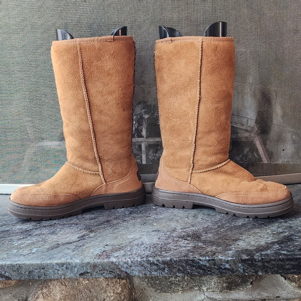 UGG Brown Suede Leather Ultra Tall Braided Back Boots Size 8 - Picture 7 of 16
